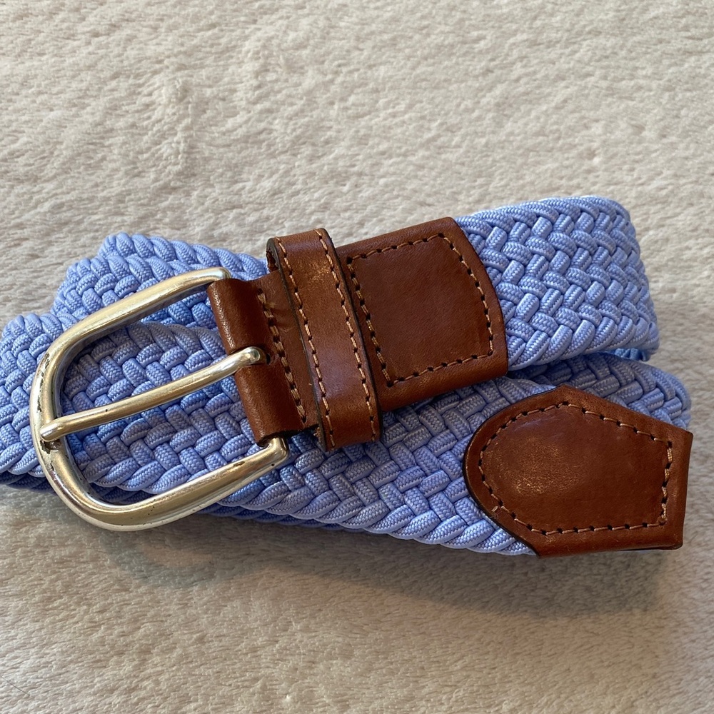Men’s braided stretch belt w/ leather accents shiny silver brass buckle Sz 32